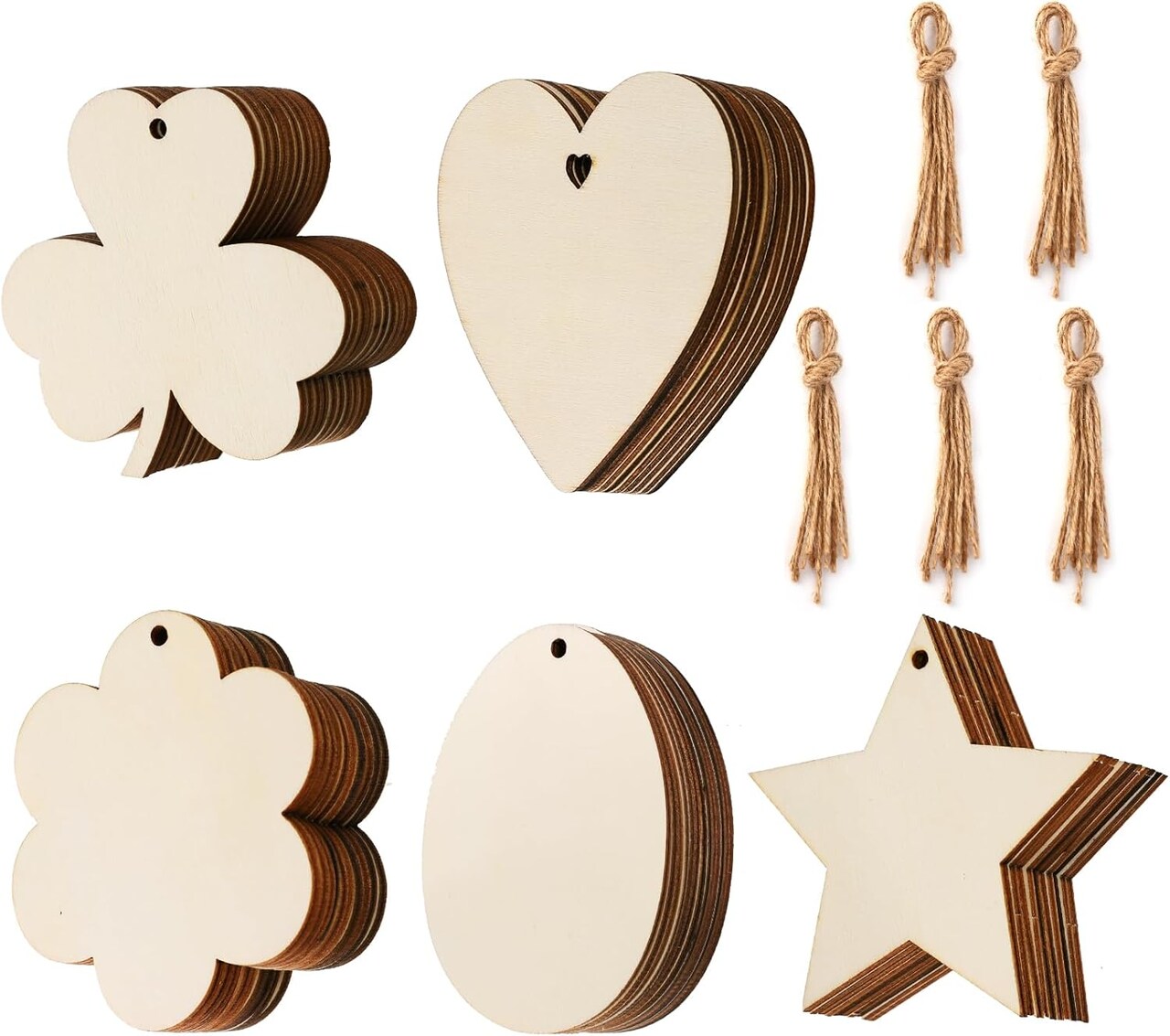 50-Piece Unfinished Wooden Ornament Set – Blank Paintable Decorations for Spring Festivals, Valentine’s Day, Easter, St. Patrick’s Day, and DIY Crafts, Includes Hearts, Stars, Eggs, and Flowers for Kids’ Art Projects